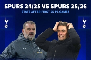 热刺本赛季英超25轮积29分排名第15，上赛季同期积30分排名第12